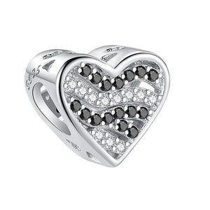 925 Sterling Silver Black and Clear CZ Heart Bead Charm