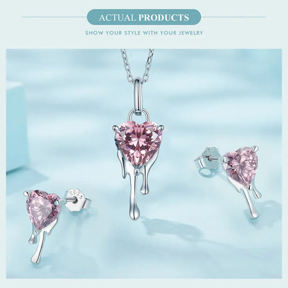Pink CZ Dripping with Love Heart Earrings