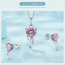 Load image into Gallery viewer, 925 Sterling Silver Pink CZ Heart Dripping with Love Necklace and earring set
