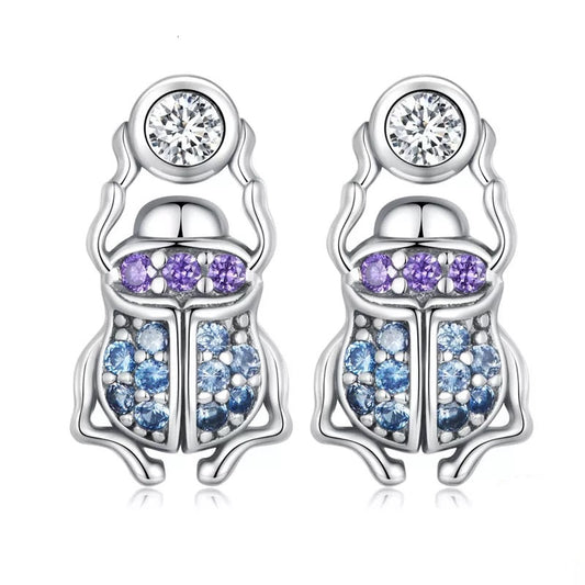 Purple and Blue CZ Scarab Earrings