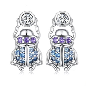 925 Sterling Silver Purple ans Blue CZ Scarab Earrings