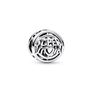 925 Sterling Silver Open Work SUPER MOM Bead Charm