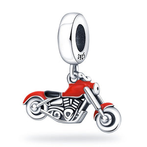 925 Sterling Silver Red Enamel Motorbike Dangle Charm