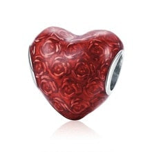 925 Sterling Silver Red Enamel Rose Patterned Heart Bead Charm