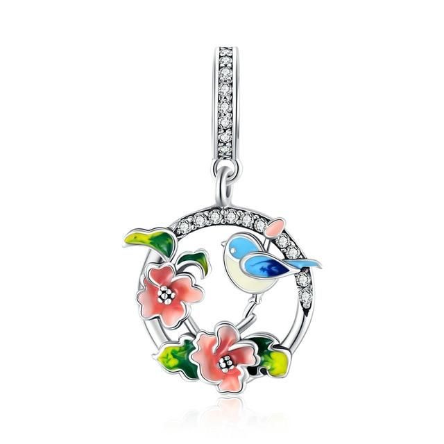 925 Sterling Silver Bird and Flowers Pandora Compatible Dangle Charm