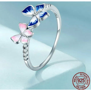 925 Sterling Silver Pink and Blue Butterfly Ring