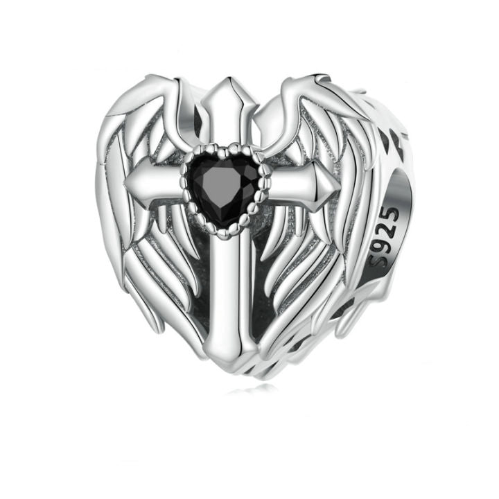 Black CZ Cross With Angel Wings Bead Charm