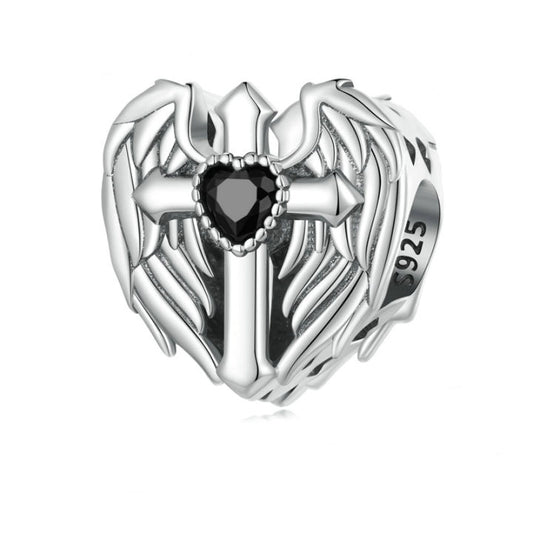 Black CZ Cross With Angel Wings Bead Charm