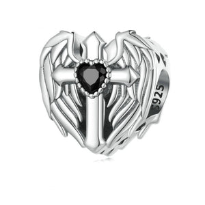 925 Sterling Silver Black CZ Cross With Angel Wings Bead Charm
