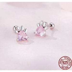 925 Sterling Silver Pink CZ Paw Print Stud Earrings