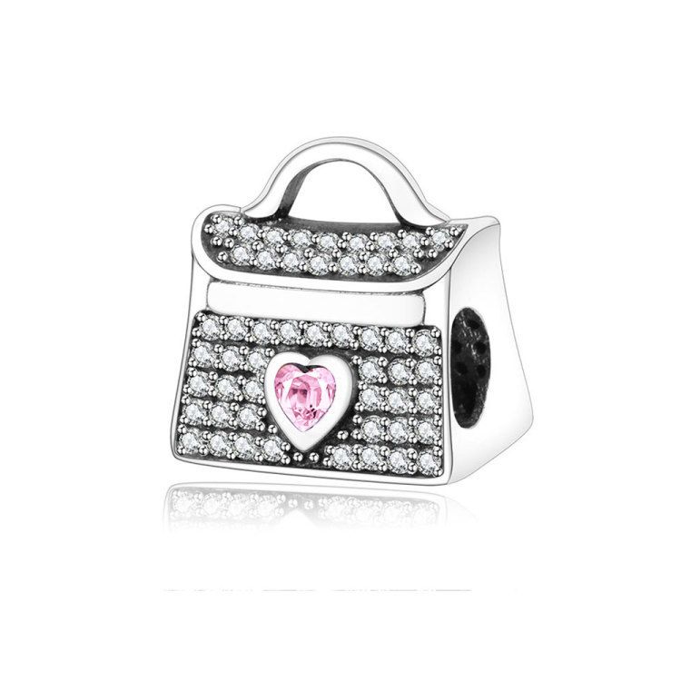 925 Sterling Silver CZ Pink Heart Handbag Bead Charm