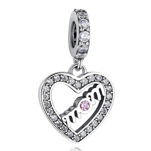 925 Sterling Silver Pink CZ Mom in My Heart Dangle Charm
