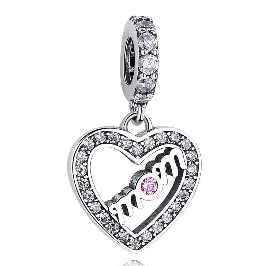 925 Sterling Silver Pink CZ Mom in My Heart Dangle Charm