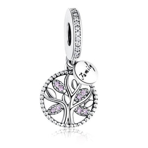 925 Sterling Silver Pink CZ Family Tree Dangle Charm