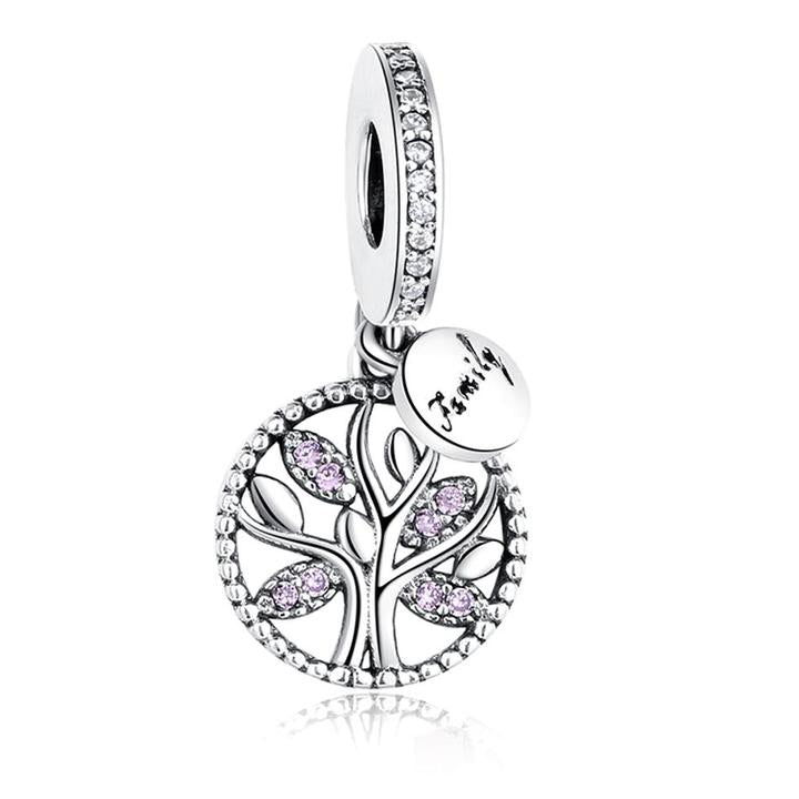 925 Sterling Silver Pink CZ Family Tree Dangle Charm