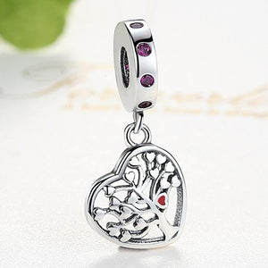 925 Sterling Silver Pink CZ Tree of Life Heart Dangle Charm