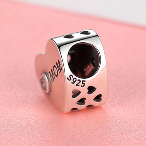 925 Sterling Silver CZ Mom Engraved Love Heart Bead Charm