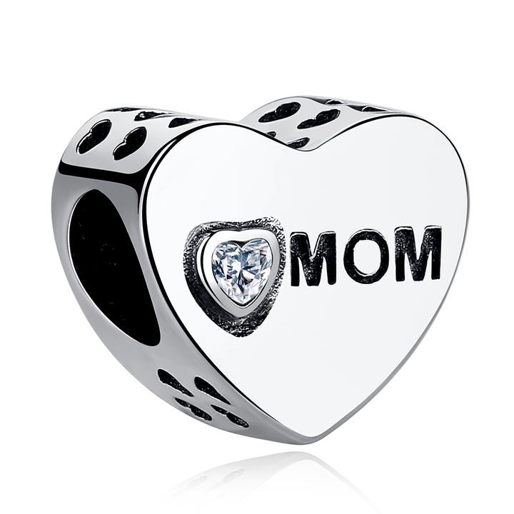 925 Sterling Silver CZ Mom Engraved Love Heart Bead Charm