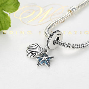 925 Sterling Silver Blue Starfish and Shell Dangle Charm