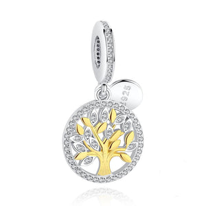 925 Sterling Silver Gold Plated CZ Family Tree Dangle Charm