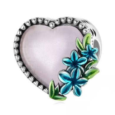 925 Sterling Silver Pink Murano and Flower Heart Bead Charm