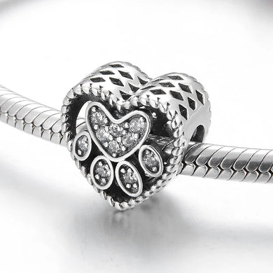 925 Sterling Silver CZ Paw Print Heart Bead Charm