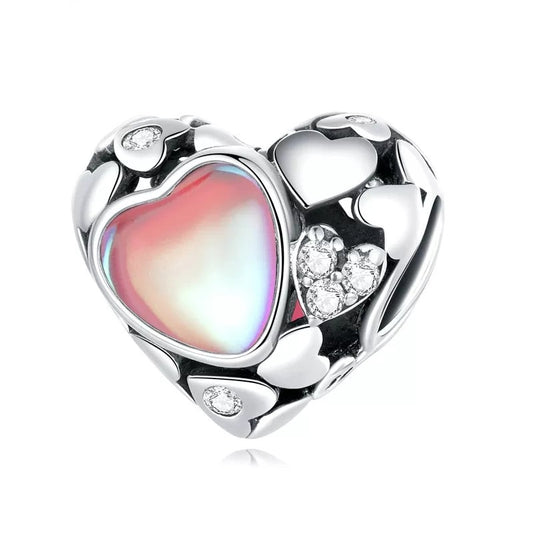Clear CZ Pink Opal Hollow Heart Bead Charm