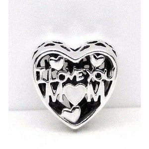 925 Sterling Silver Openwork I Love You Mom White Heart Bead Charm
