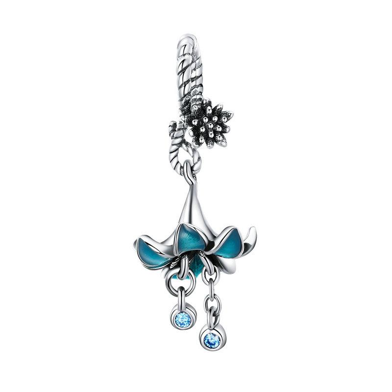 925 Sterling Silver Elegant Blue Flower Dangle Charm