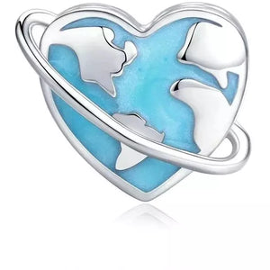 925 Sterling Silver Blue Enamel Heart Shaped Globe Bead Charm