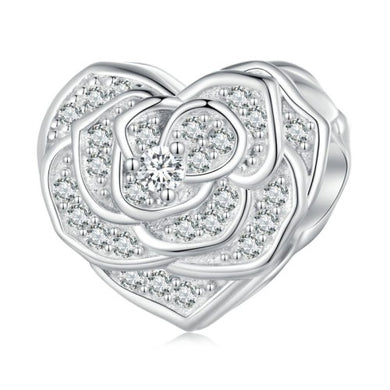 925 Sterling Silver CZ Rose Heart Bead Charm
