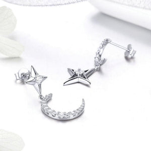 925 Sterling Silver CZ Moon & Star Drop Earrings