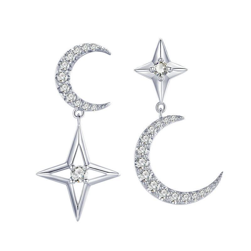 925 Sterling Silver CZ Moon & Star Drop Earrings