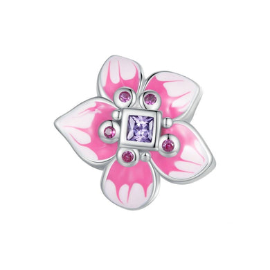 925 Sterling Silver Pink Enamel Flower And Purple CZ Bead Charm