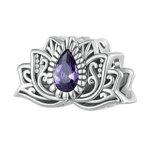 925 Sterling Silver Purple Cz Lotus Flower Bead Charm