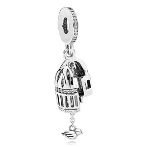 925 Sterling Silver Cage and Bird Dangle Charm