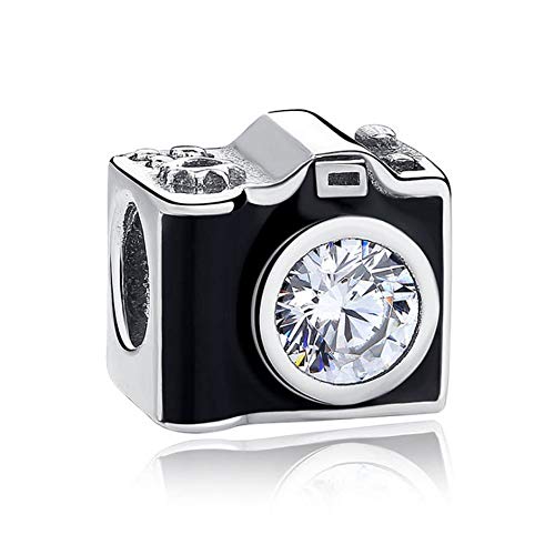 Black Enamel CZ Camera Bead Charm