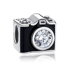 Load image into Gallery viewer, 925 Sterling Silver CZ Black Enamel Camera Bead Charm