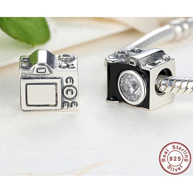 Black Enamel CZ Camera Bead Charm