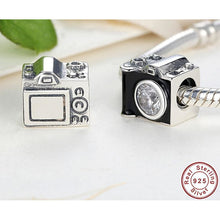 Load image into Gallery viewer, 925 Sterling Silver CZ Black Enamel Camera Bead Charm