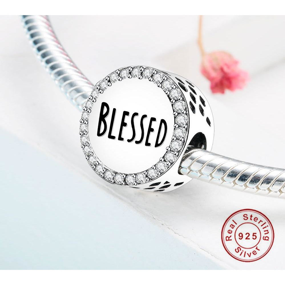 Blessed Clear CZ Engraved Bead Charm