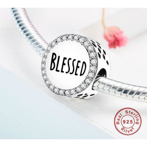925 Sterling Silver Clear CZ Engraved Blessed Bead Charm