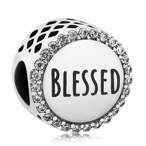 925 Sterling Silver Clear CZ Engraved Blessed Bead Charm