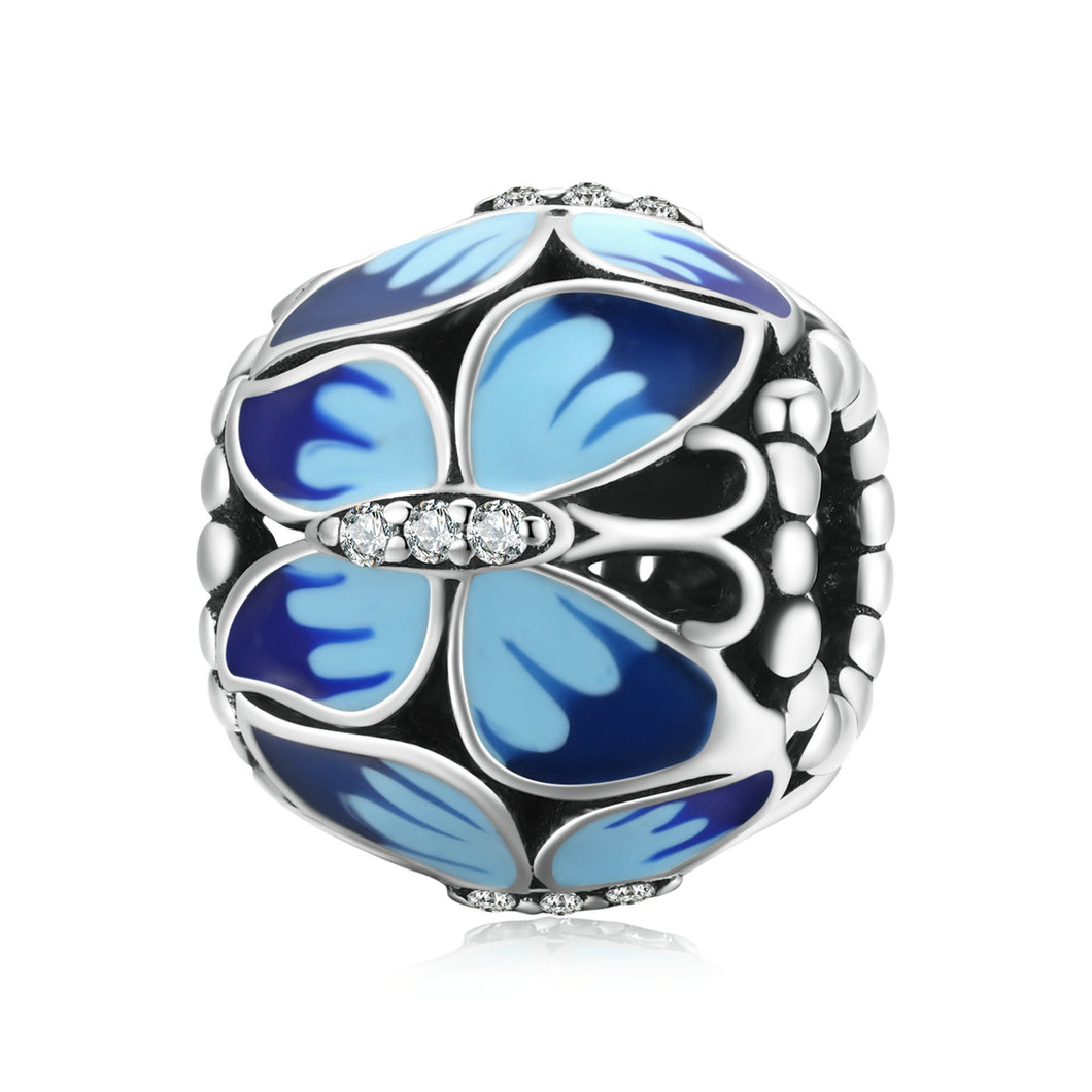 925 Sterling Silver Blue Enamel CZ Butterfly Ball Bead Charm