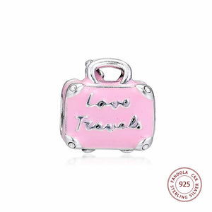 925 Sterling Silver Love Travels Pink Enamel Suitcase Bead Charm