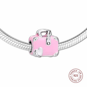 925 Sterling Silver Love Travels Pink Enamel Suitcase Bead Charm