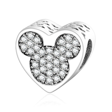 925 Sterling Silver Sparkling CZ Mickey Mouse Heart Bead Charm