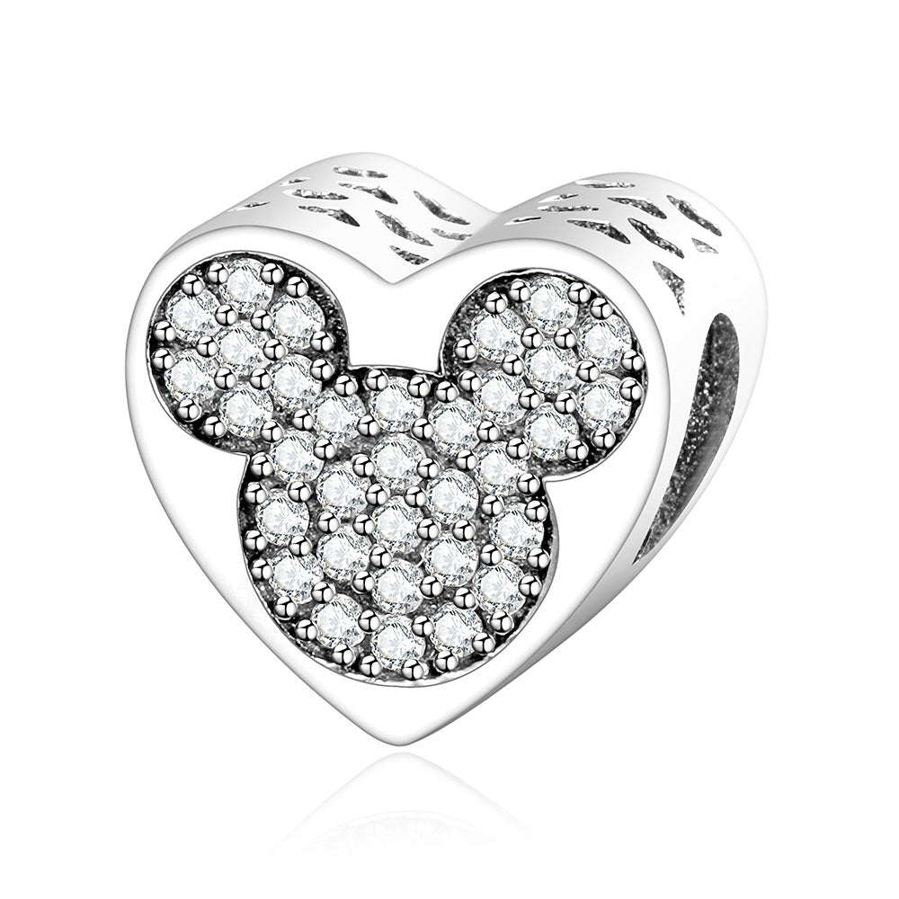 925 Sterling Silver Sparkling CZ Mickey Mouse Heart Bead Charm