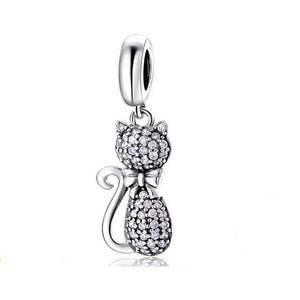 925 Sterling Silver Sparkling CZ Pink Cat Dangle Charm