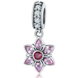 925 Sterling Silver Pink CZ Spring Flower Dangle Charm